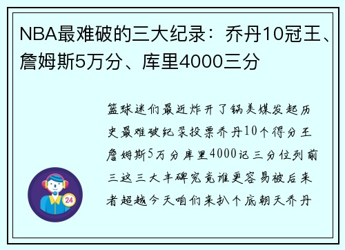 NBA最难破的三大纪录：乔丹10冠王、詹姆斯5万分、库里4000三分